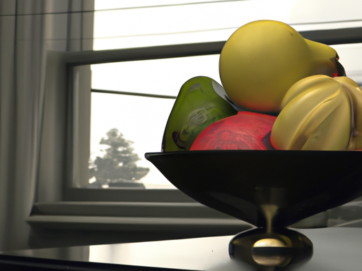 A bowl of fruit on a table with a window in the background